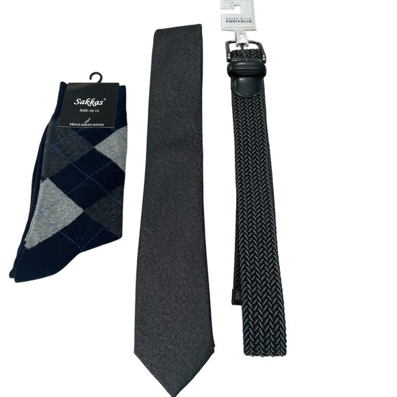 Mens Gift Set Perry Ellis Belt Alfani Tie Argyle Socks Sakkas Gray Black NWT - Picture 2 of 10